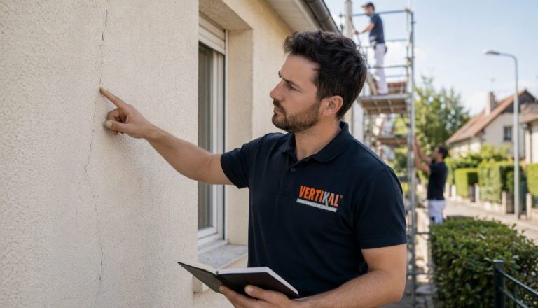 Technicien inspectant une fissure sur un mur extérieur