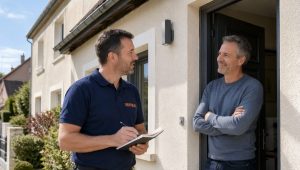 Visiteur prenant des notes devant une maison